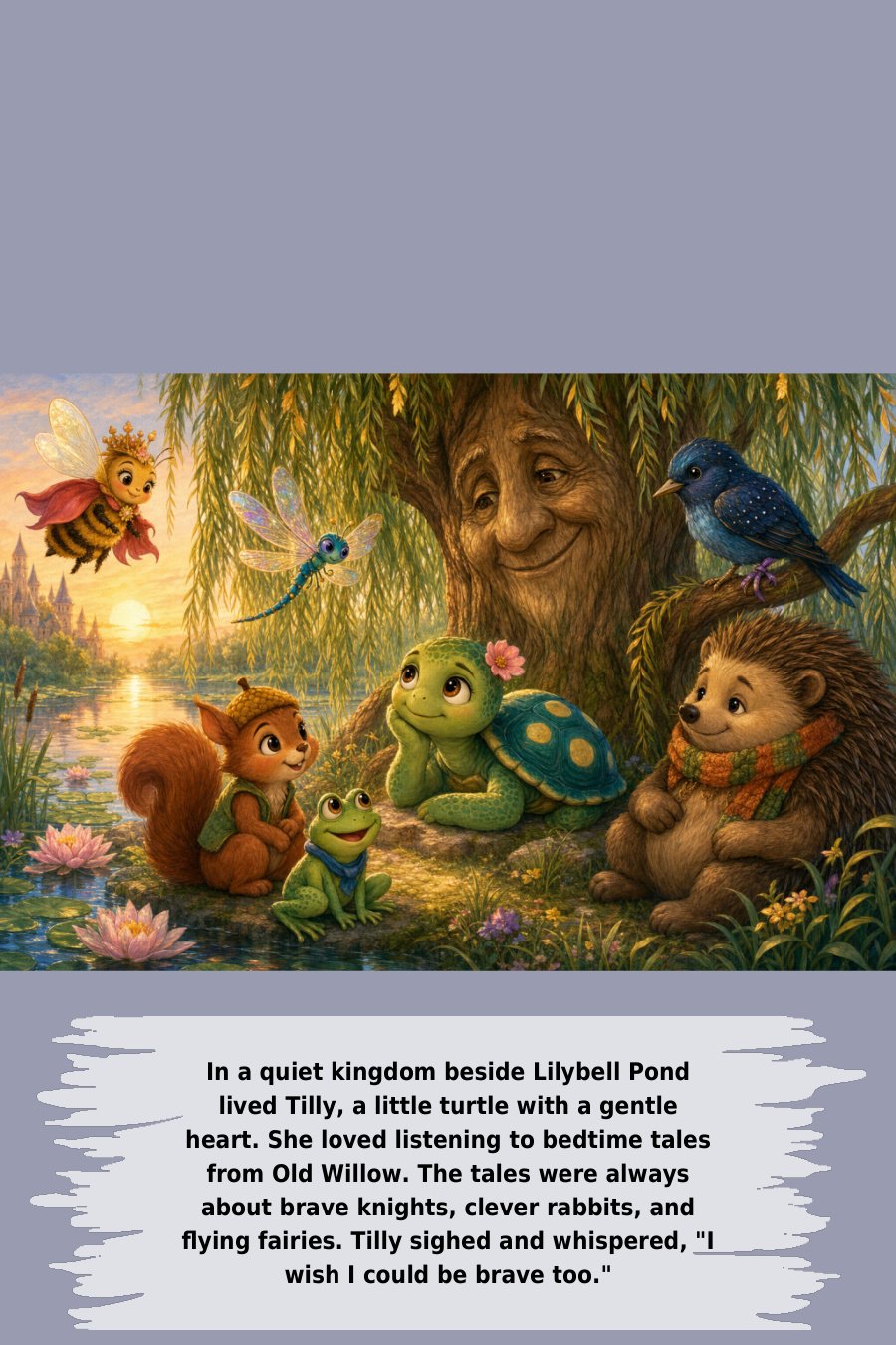 In a quiet kingdom beside Lilybell Pond lived Tilly, a little turtle with a gentle heart. She loved listening to bedtime tales from Old Willow. The tales were always about brave knights, clever rabbits, and ﬂying fairies. Tilly sighed and whispered, "I wish I could be brave too."