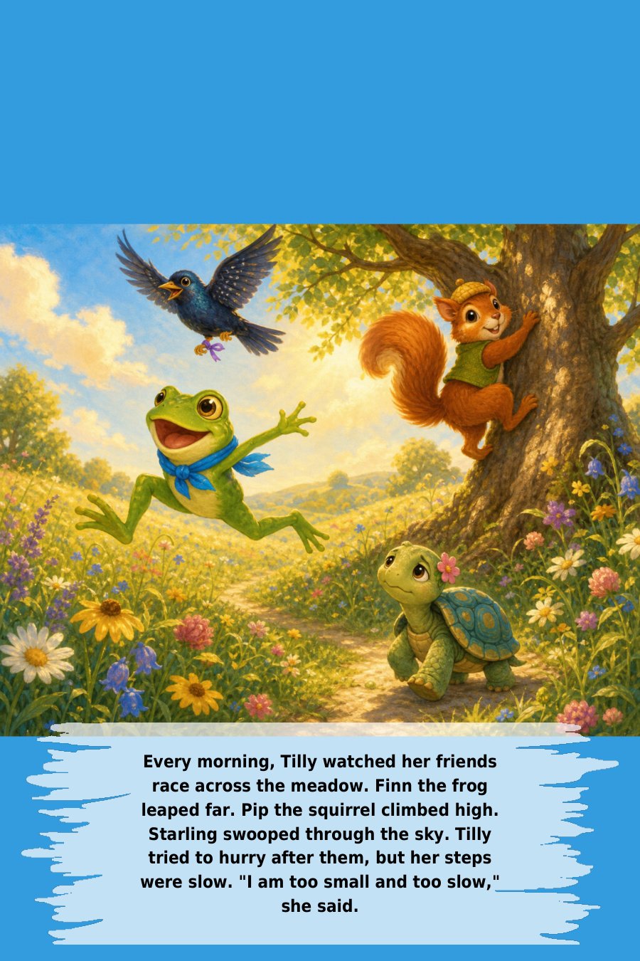 Every morning, Tilly watched her friends race across the meadow. Finn the frog leaped far. Pip the squirrel climbed high. Starling swooped through the sky. Tilly tried to hurry after them, but her steps were slow. "I am too small and too slow," she said.