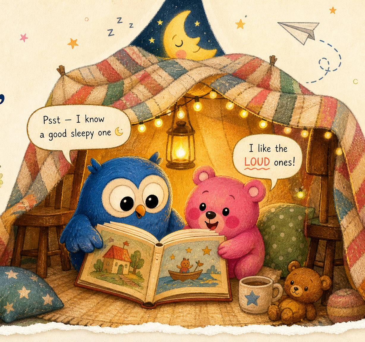 Luna the owl and Pip reading a picture book together inside a cozy blanket fort.