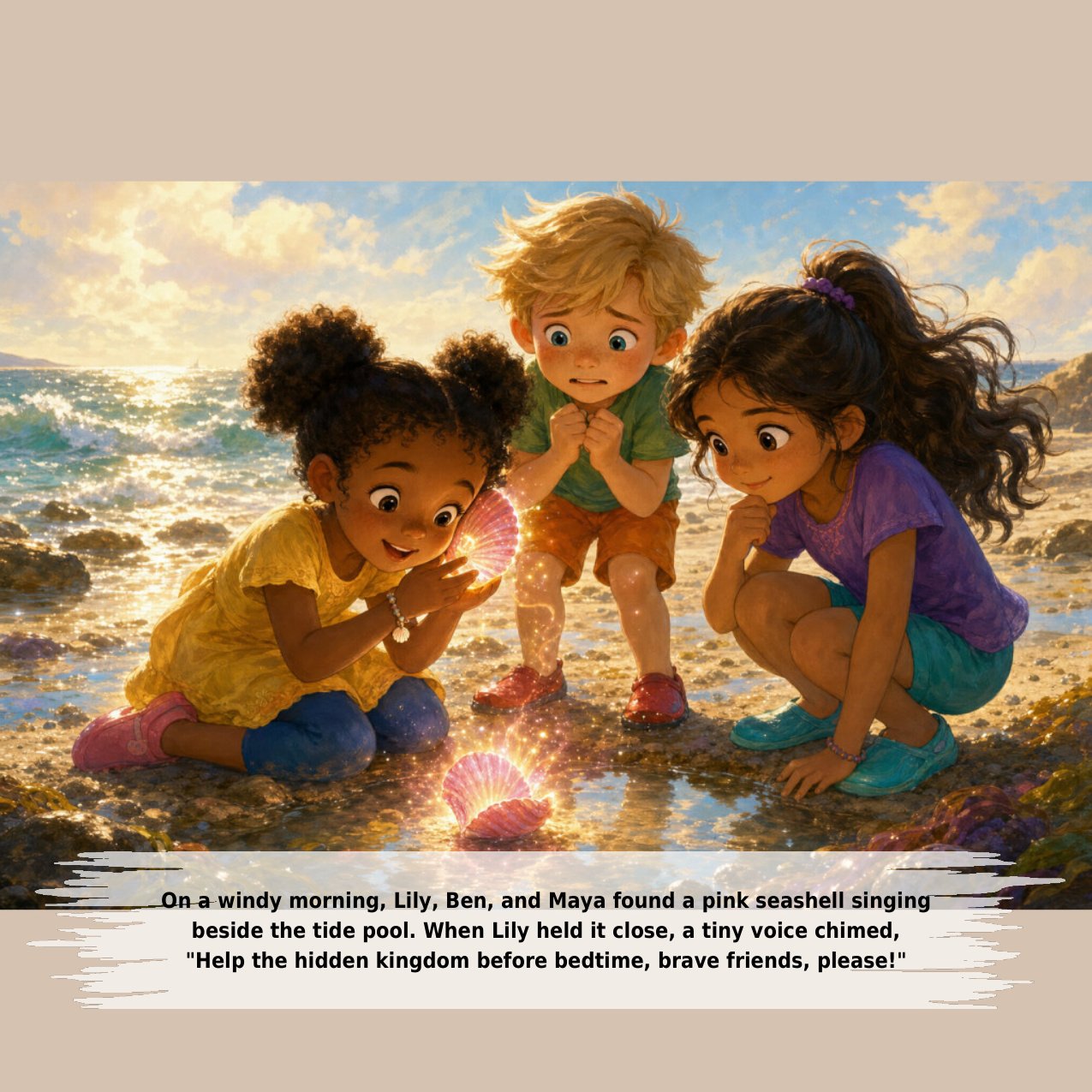 On a windy morning, Lily, Ben, and Maya found a pink seashell singing beside the tide pool. When Lily held it close, a tiny voice chimed, "Help the hidden kingdom before bedtime, brave friends, please!"