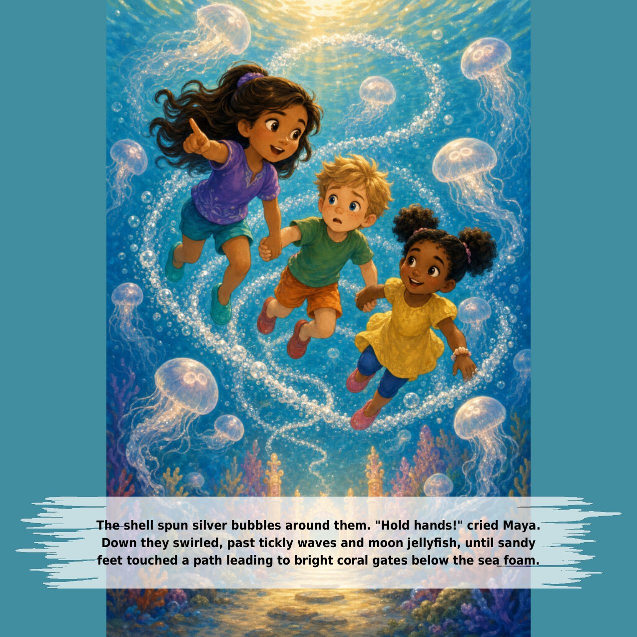 The shell spun silver bubbles around them. "Hold hands!" cried Maya. Down they swirled, past tickly waves and moon jellyﬁsh, until sandy feet touched a path leading to bright coral gates below the sea foam.