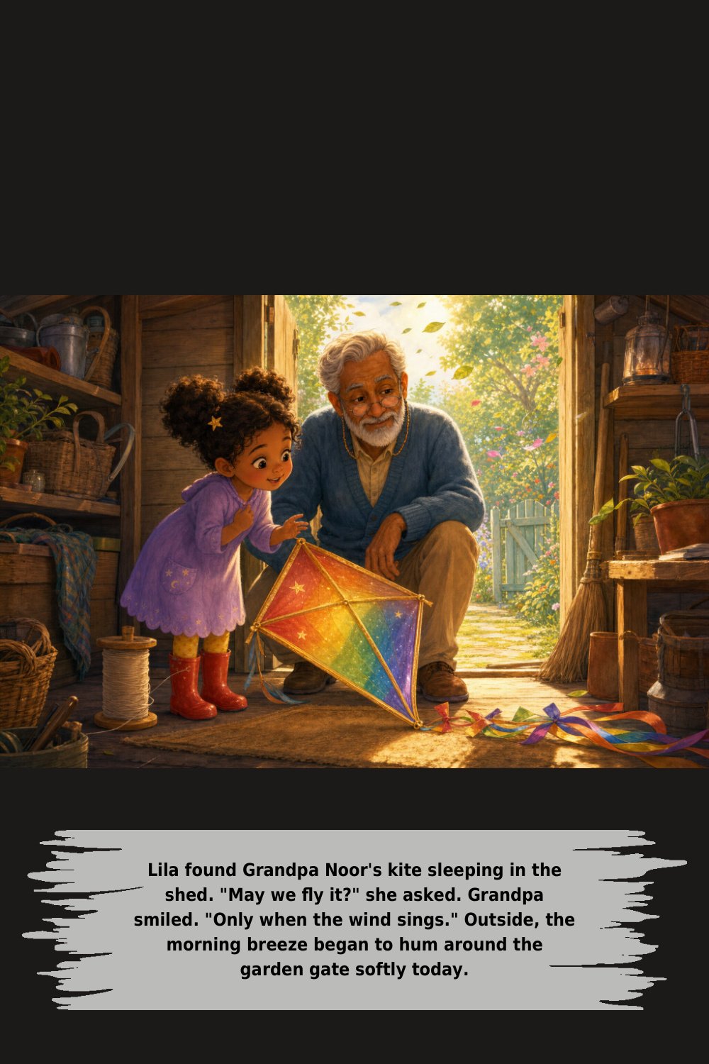 Lila found Grandpa Noor's kite sleeping in the shed. "May we ﬂy it?" she asked. Grandpa smiled. "Only when the wind sings." Outside, the morning breeze began to hum around the garden gate softly today.