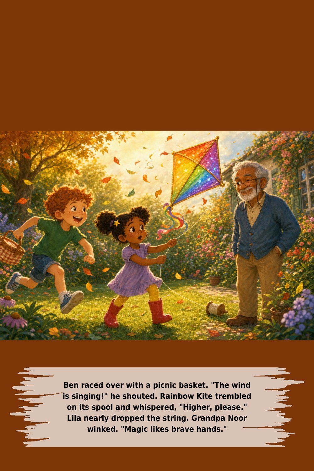 Ben raced over with a picnic basket. "The wind is singing!" he shouted. Rainbow Kite trembled on its spool and whispered, "Higher, please." Lila nearly dropped the string. Grandpa Noor winked. "Magic likes brave hands."