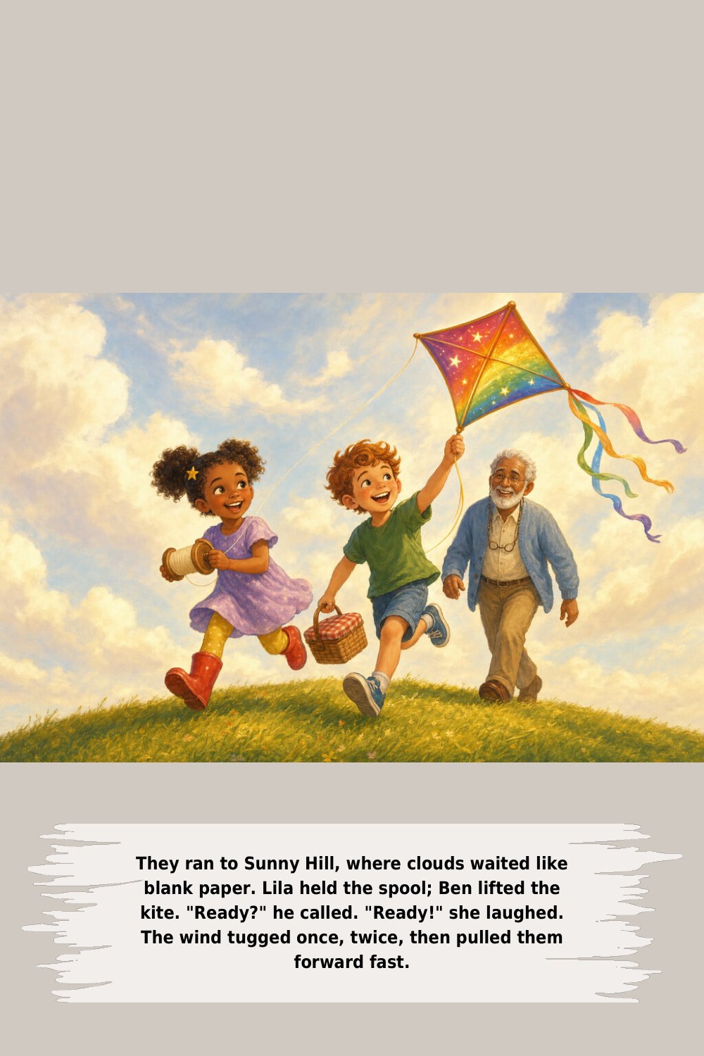 They ran to Sunny Hill, where clouds waited like blank paper. Lila held the spool; Ben lifted the kite. "Ready?" he called. "Ready!" she laughed. The wind tugged once, twice, then pulled them forward fast.