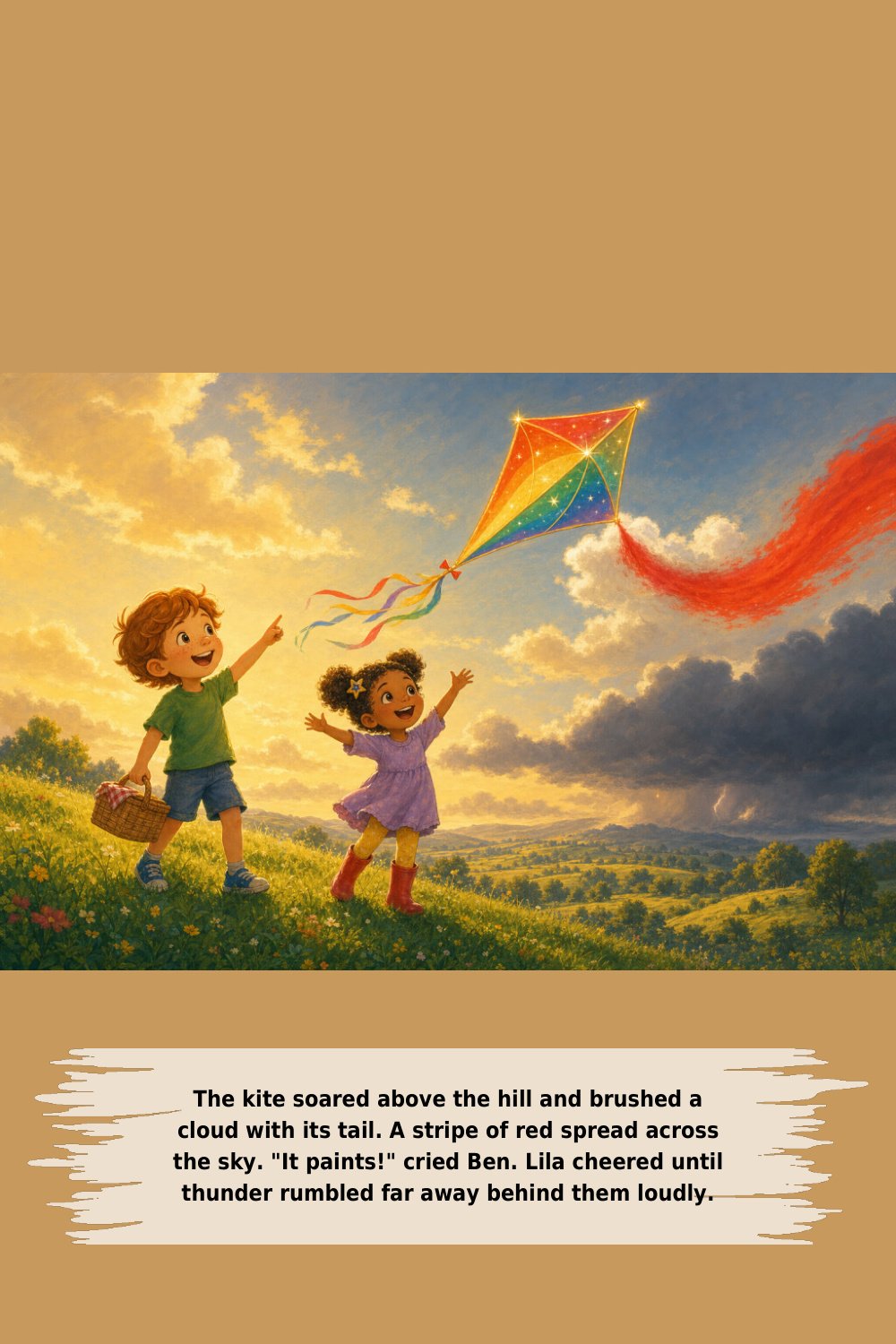 The kite soared above the hill and brushed a cloud with its tail. A stripe of red spread across the sky. "It paints!" cried Ben. Lila cheered until thunder rumbled far away behind them loudly.