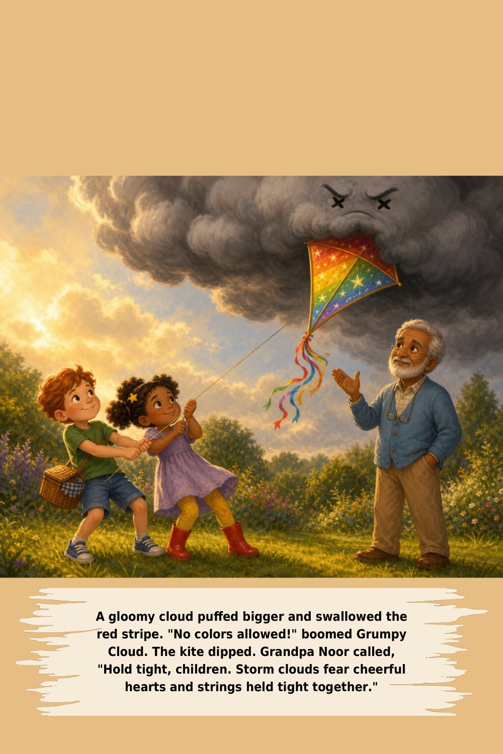 A gloomy cloud puﬀed bigger and swallowed the red stripe. "No colors allowed!" boomed Grumpy Cloud. The kite dipped. Grandpa Noor called, "Hold tight, children. Storm clouds fear cheerful hearts and strings held tight together."