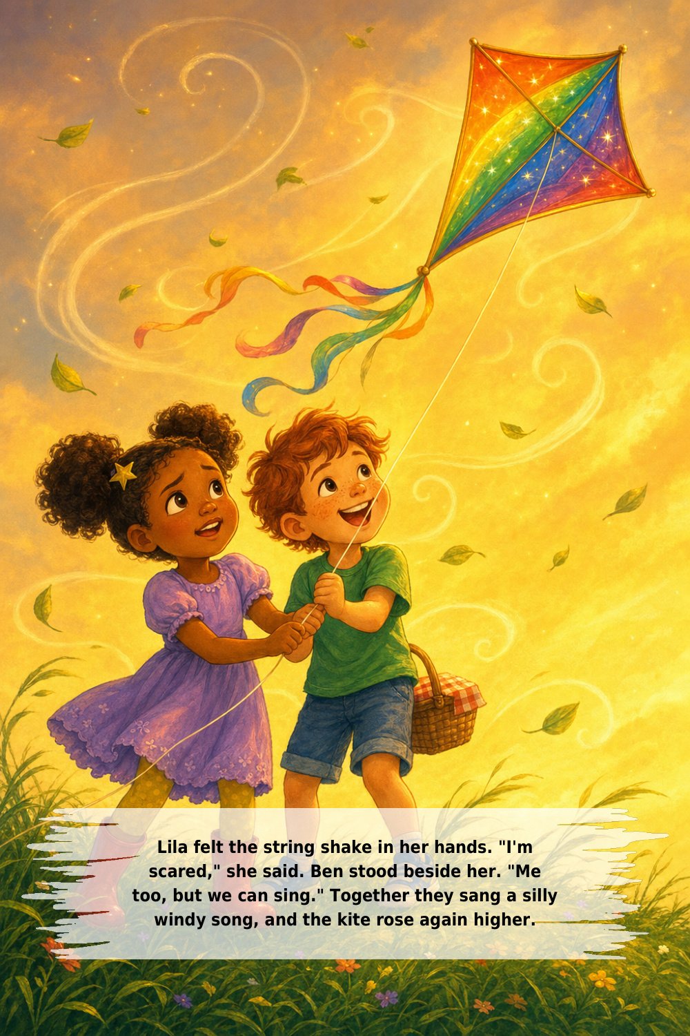 Lila felt the string shake in her hands. "I'm scared," she said. Ben stood beside her. "Me too, but we can sing." Together they sang a silly windy song, and the kite rose again higher.