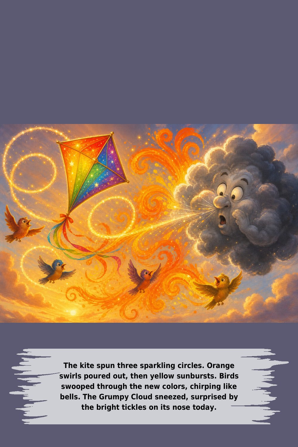 The kite spun three sparkling circles. Orange swirls poured out, then yellow sunbursts. Birds swooped through the new colors, chirping like bells. The Grumpy Cloud sneezed, surprised by the bright tickles on its nose today.