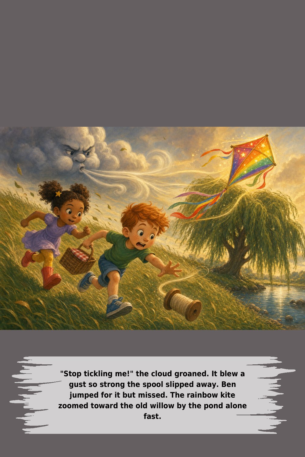 "Stop tickling me!" the cloud groaned. It blew a gust so strong the spool slipped away. Ben jumped for it but missed. The rainbow kite zoomed toward the old willow by the pond alone fast.
