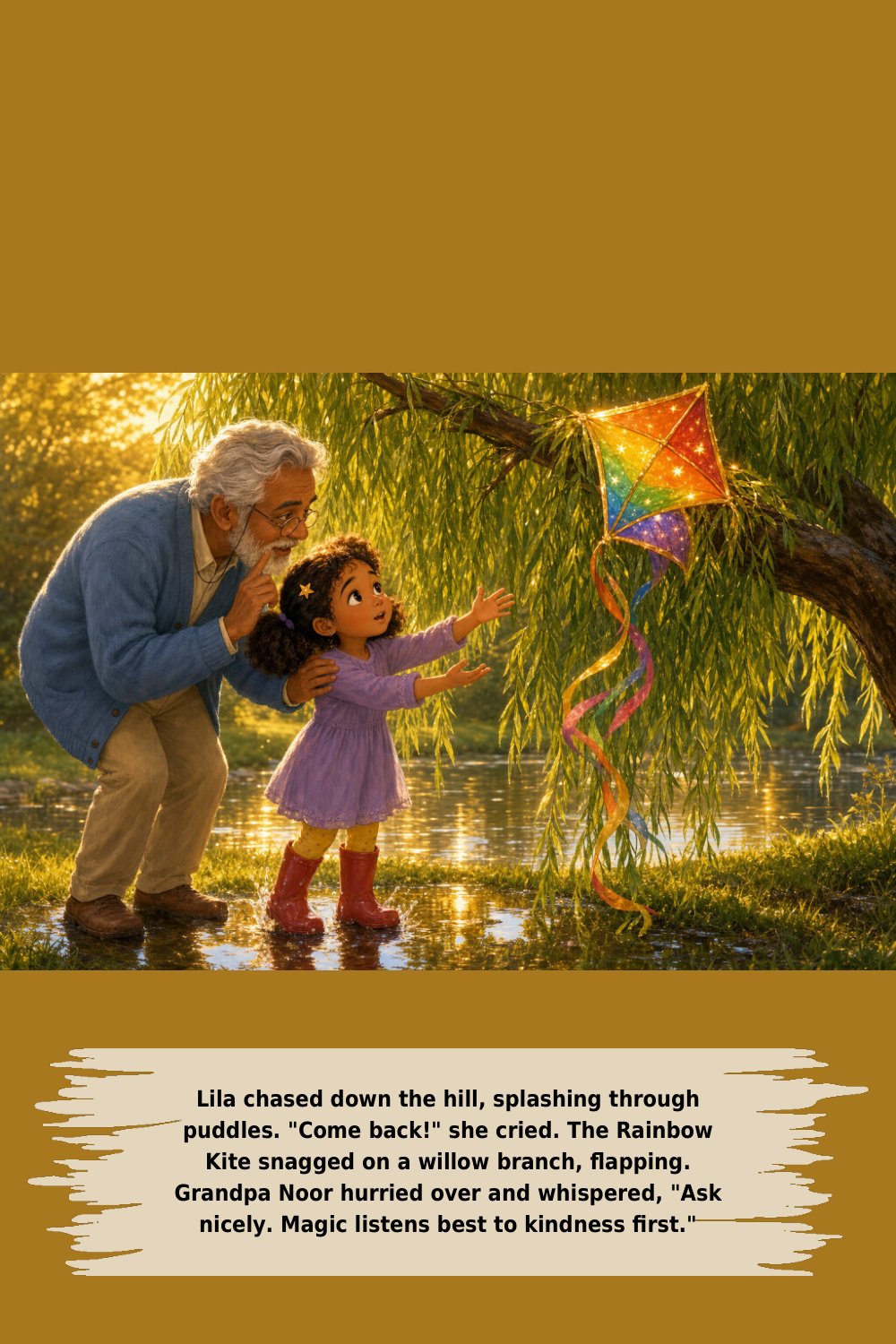 Lila chased down the hill, splashing through puddles. "Come back!" she cried. The Rainbow Kite snagged on a willow branch, ﬂapping. Grandpa Noor hurried over and whispered, "Ask nicely. Magic listens best to kindness ﬁrst."