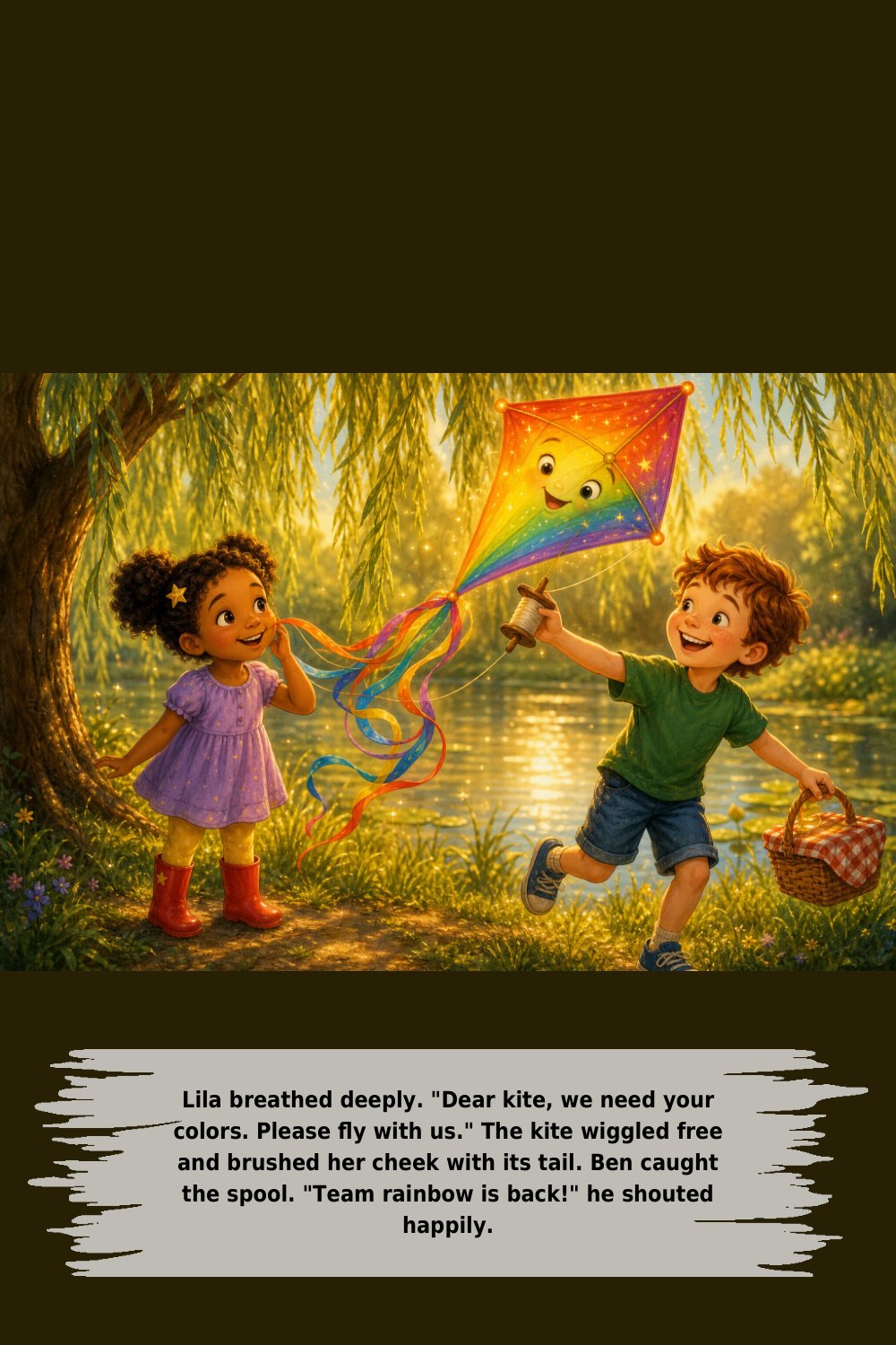 Lila breathed deeply. "Dear kite, we need your colors. Please ﬂy with us." The kite wiggled free and brushed her cheek with its tail. Ben caught the spool. "Team rainbow is back!" he shouted happily.