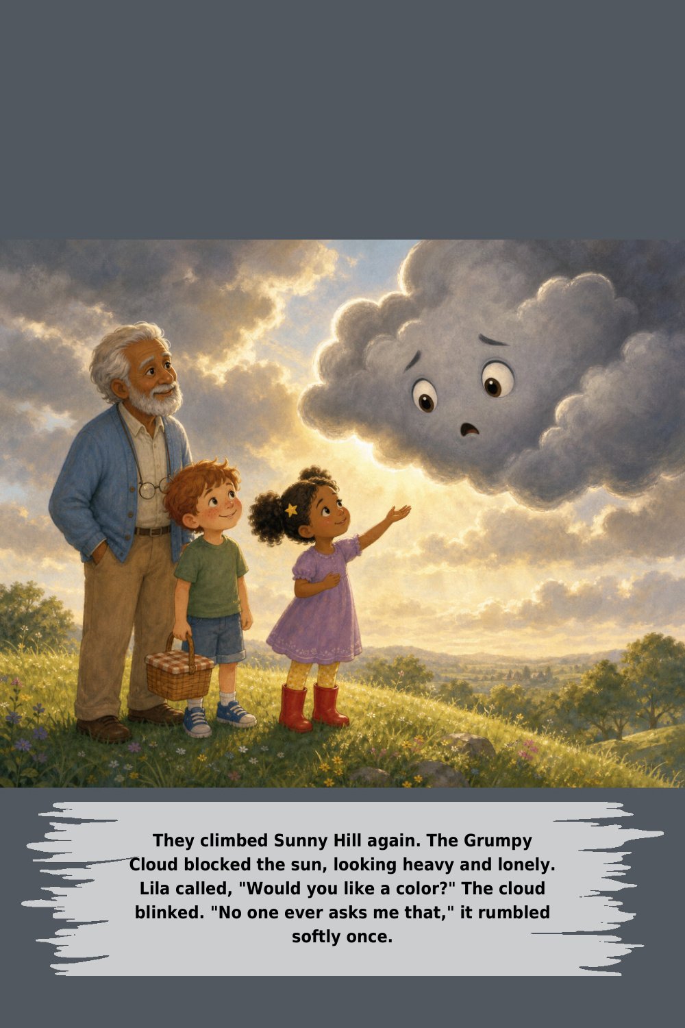They climbed Sunny Hill again. The Grumpy Cloud blocked the sun, looking heavy and lonely. Lila called, "Would you like a color?" The cloud blinked. "No one ever asks me that," it rumbled softly once.