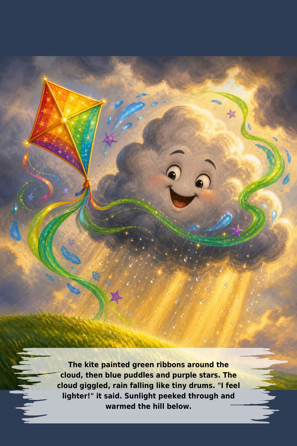 The kite painted green ribbons around the cloud, then blue puddles and purple stars. The cloud giggled, rain falling like tiny drums. "I feel lighter!" it said. Sunlight peeked through and warmed the hill below.