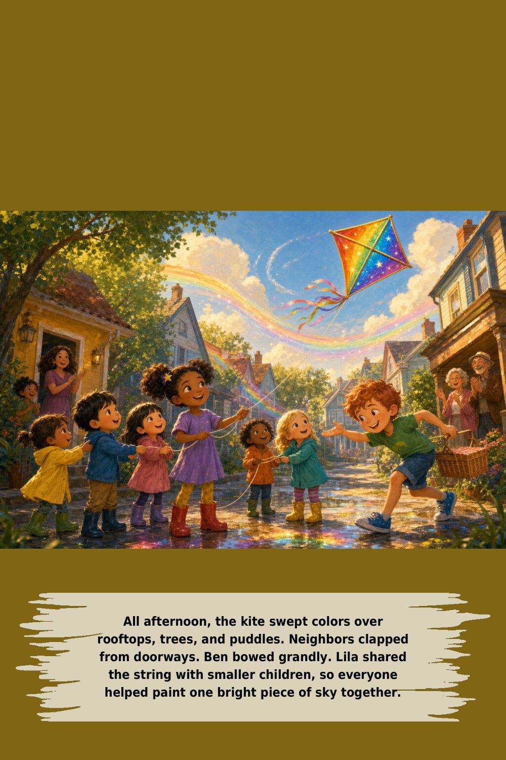 All afternoon, the kite swept colors over rooftops, trees, and puddles. Neighbors clapped from doorways. Ben bowed grandly. Lila shared the string with smaller children, so everyone helped paint one bright piece of sky together.