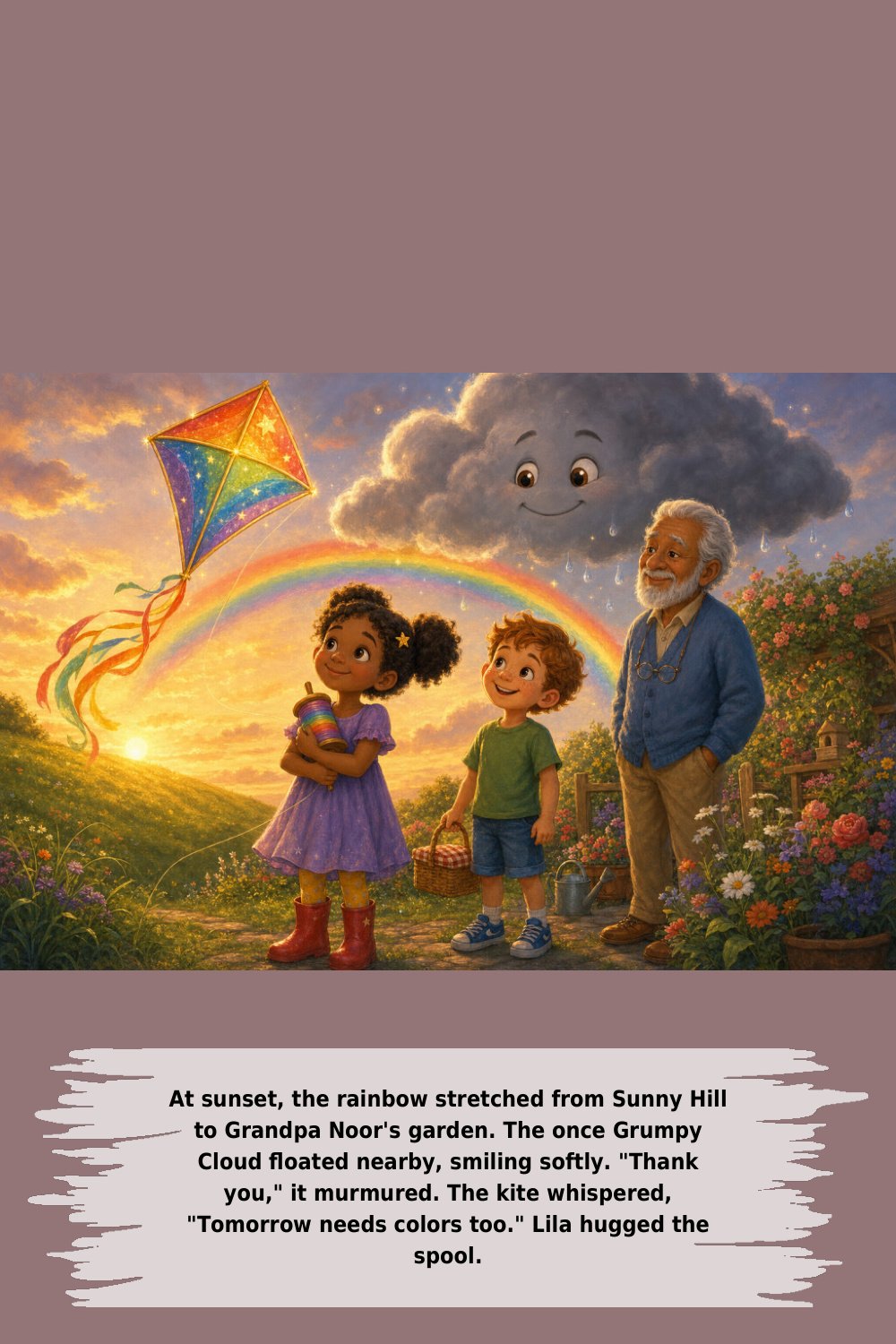 At sunset, the rainbow stretched from Sunny Hill to Grandpa Noor's garden. The once Grumpy Cloud ﬂoated nearby, smiling softly. "Thank you," it murmured. The kite whispered, "Tomorrow needs colors too." Lila hugged the spool.
