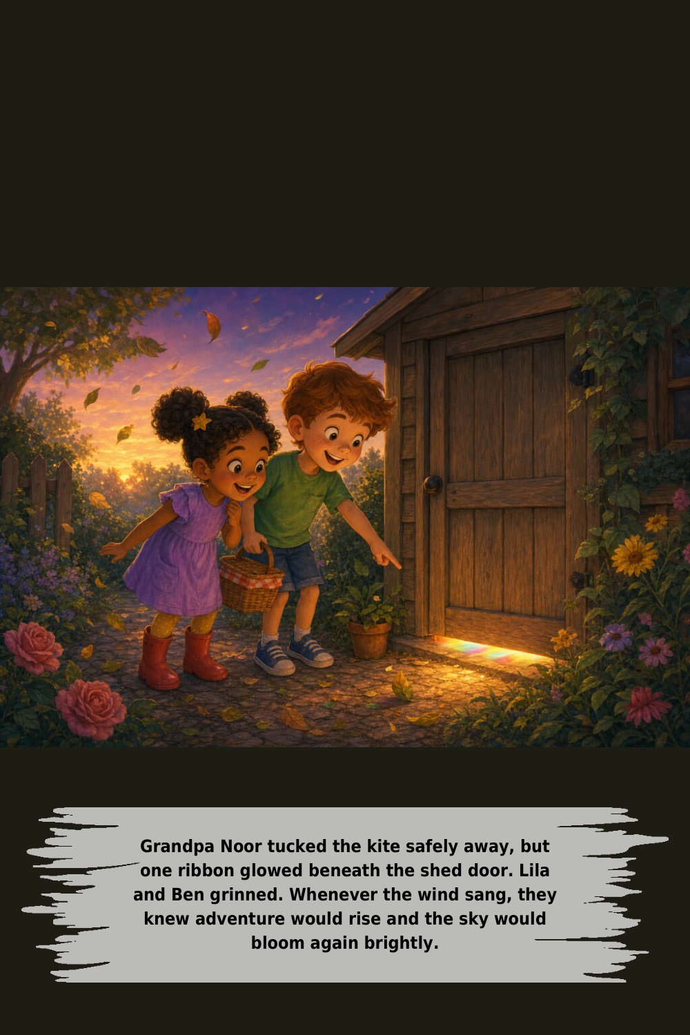 Grandpa Noor tucked the kite safely away, but one ribbon glowed beneath the shed door. Lila and Ben grinned. Whenever the wind sang, they knew adventure would rise and the sky would bloom again brightly.