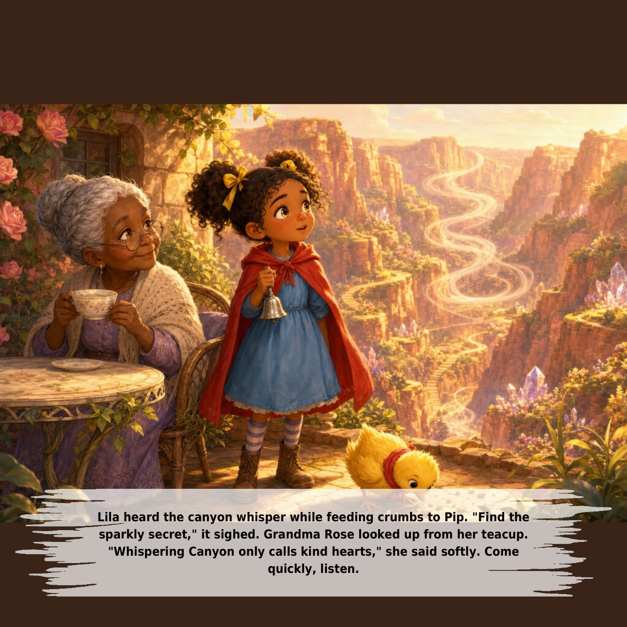 Lila heard the canyon whisper while feeding crumbs to Pip. "Find the sparkly secret," it sighed. Grandma Rose looked up from her teacup. "Whispering Canyon only calls kind hearts," she said softly. Come quickly, listen.