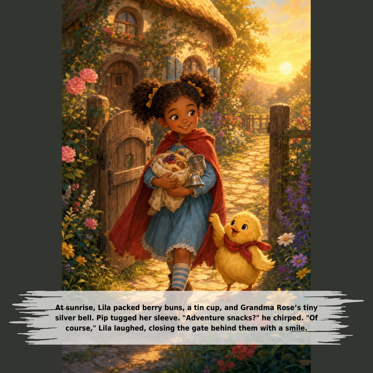 At sunrise, Lila packed berry buns, a tin cup, and Grandma Rose’s tiny silver bell. Pip tugged her sleeve. "Adventure snacks?" he chirped. "Of course," Lila laughed, closing the gate behind them with a smile.