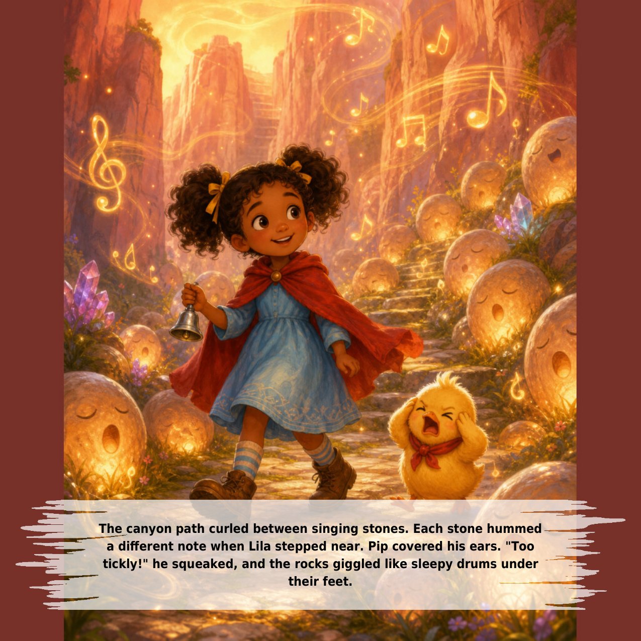 The canyon path curled between singing stones. Each stone hummed a diﬀerent note when Lila stepped near. Pip covered his ears. "Too tickly!" he squeaked, and the rocks giggled like sleepy drums under their feet.