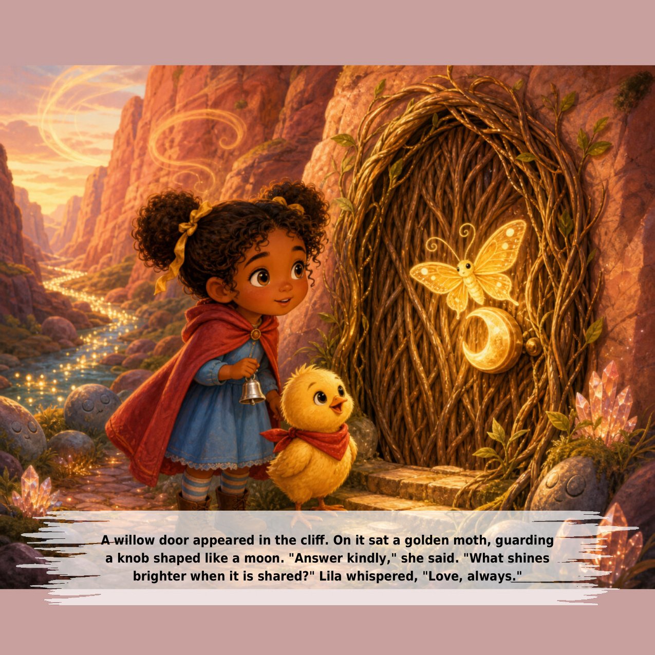 A willow door appeared in the cliﬀ. On it sat a golden moth, guarding a knob shaped like a moon. "Answer kindly," she said. "What shines brighter when it is shared?" Lila whispered, "Love, always."