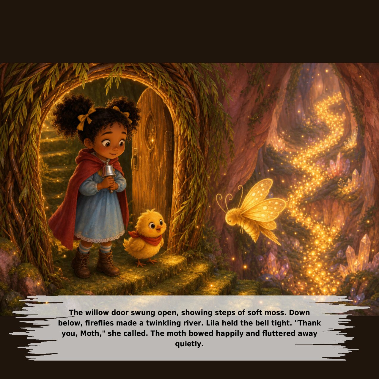 The willow door swung open, showing steps of soft moss. Down below, ﬁreﬂies made a twinkling river. Lila held the bell tight. "Thank you, Moth," she called. The moth bowed happily and ﬂuttered away quietly.