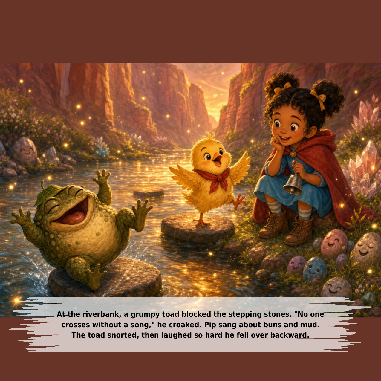 At the riverbank, a grumpy toad blocked the stepping stones. "No one crosses without a song," he croaked. Pip sang about buns and mud. The toad snorted, then laughed so hard he fell over backward.