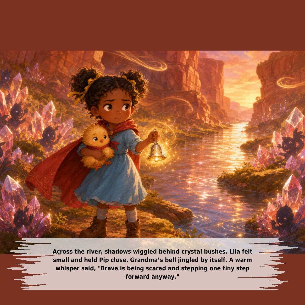 Across the river, shadows wiggled behind crystal bushes. Lila felt small and held Pip close. Grandma’s bell jingled by itself. A warm whisper said, "Brave is being scared and stepping one tiny step forward anyway."