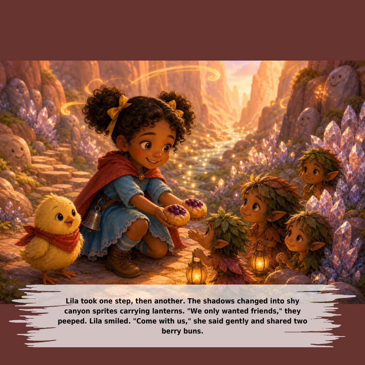 Lila took one step, then another. The shadows changed into shy canyon sprites carrying lanterns. "We only wanted friends," they peeped. Lila smiled. "Come with us," she said gently and shared two berry buns.