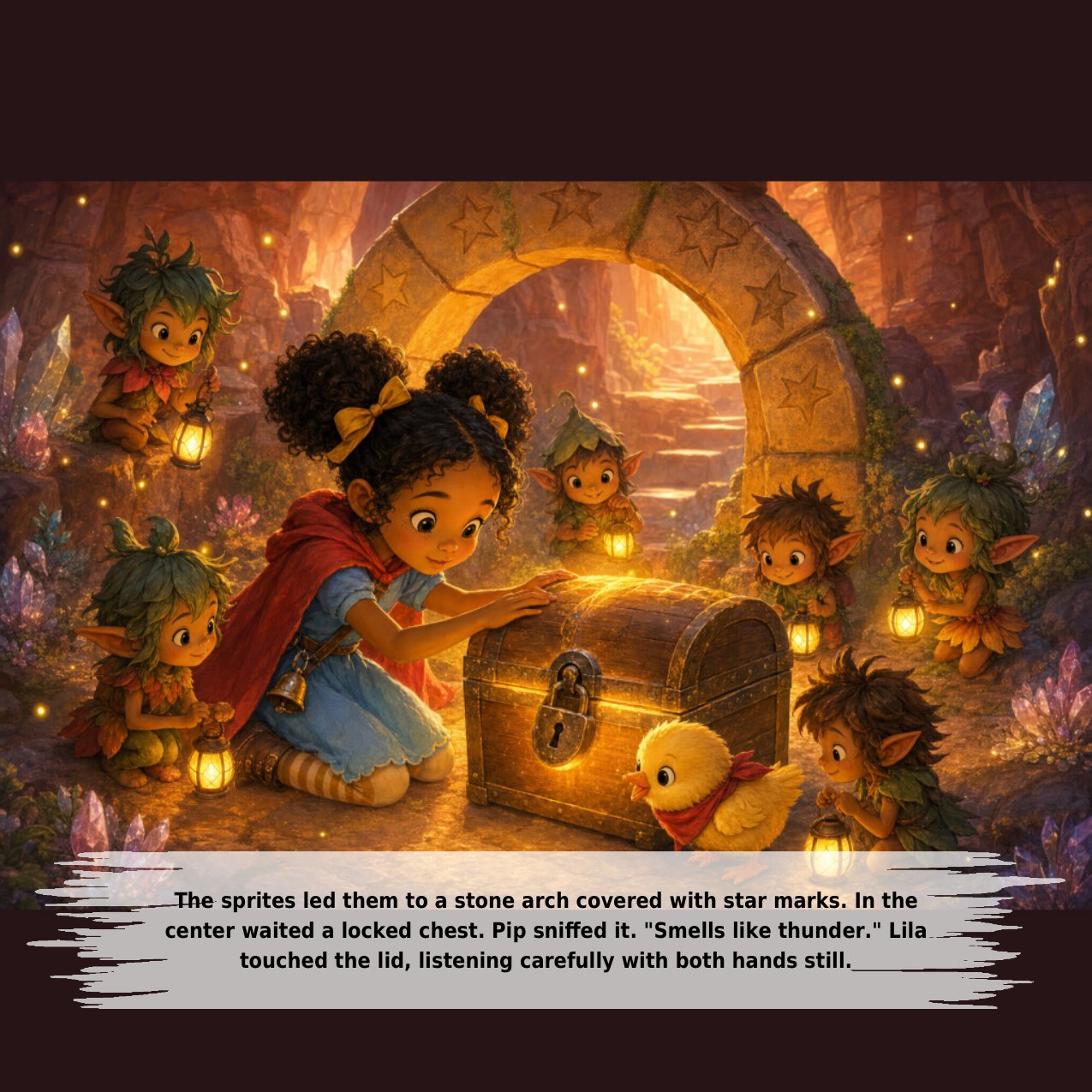 The sprites led them to a stone arch covered with star marks. In the center waited a locked chest. Pip sniﬀed it. "Smells like thunder." Lila touched the lid, listening carefully with both hands still.