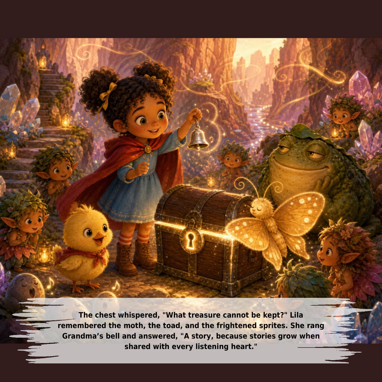 The chest whispered, "What treasure cannot be kept?" Lila remembered the moth, the toad, and the frightened sprites. She rang Grandma’s bell and answered, "A story, because stories grow when shared with every listening heart."