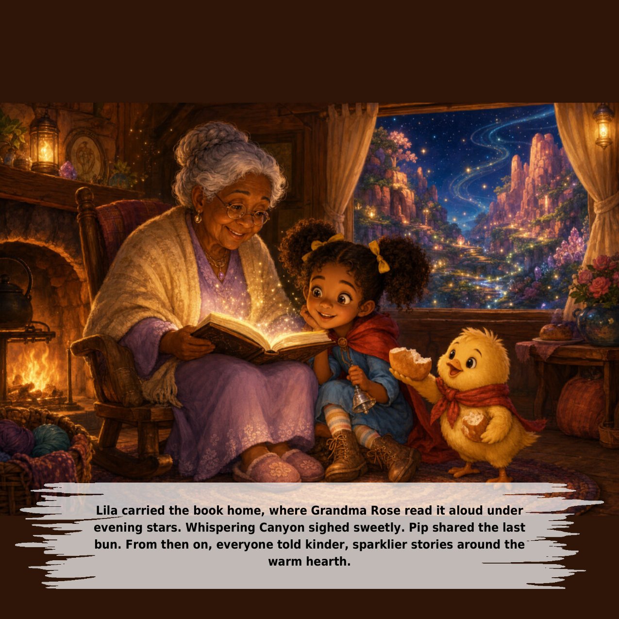 Lila carried the book home, where Grandma Rose read it aloud under evening stars. Whispering Canyon sighed sweetly. Pip shared the last bun. From then on, everyone told kinder, sparklier stories around the warm hearth.