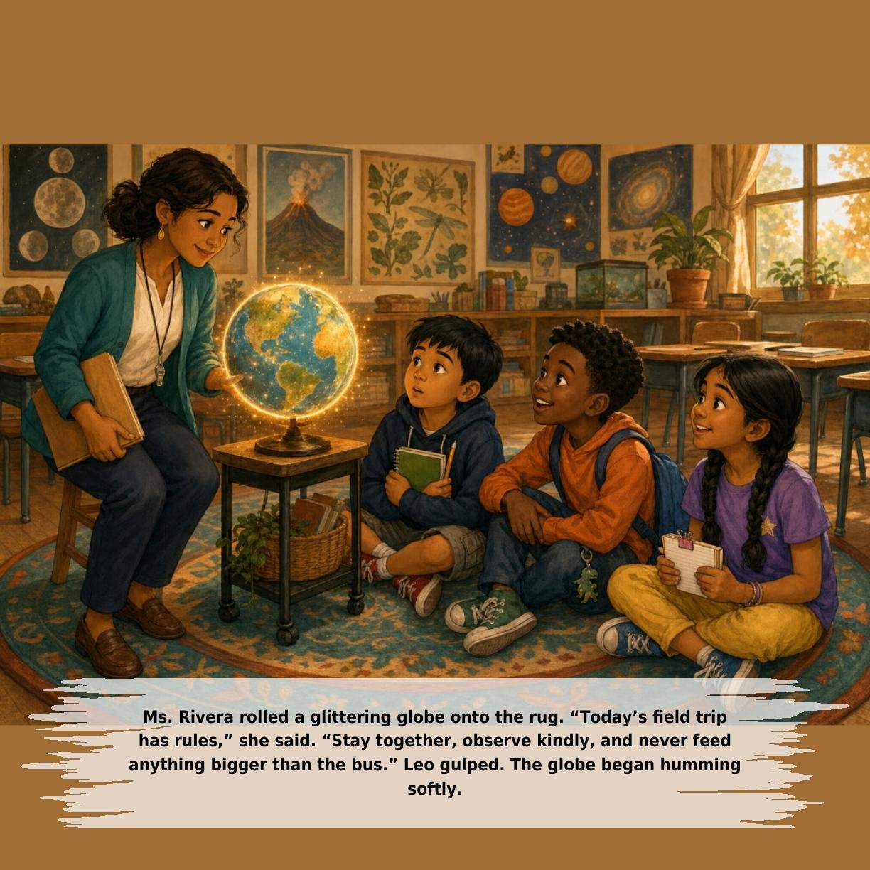 Ms. Rivera rolled a glittering globe onto the rug. “Today’s field trip
has rules,” she said. “Stay together, observe kindly, and never feed
anything bigger than the bus.” Leo gulped. The globe began humming
softly.