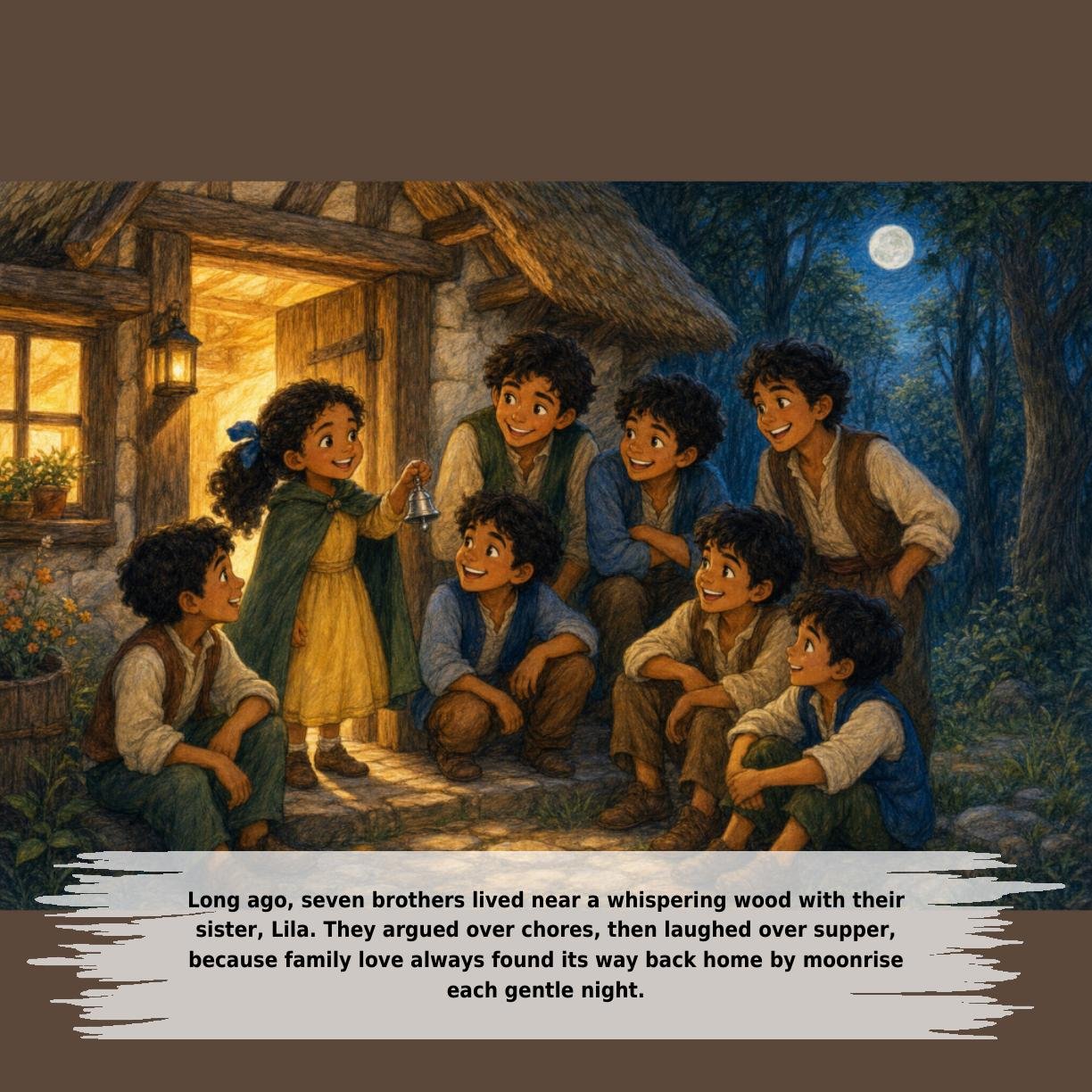 Long ago, seven brothers lived near a whispering wood with their
sister, Lila. They argued over chores, then laughed over supper,
because family love always found its way back home by moonrise
each gentle night.