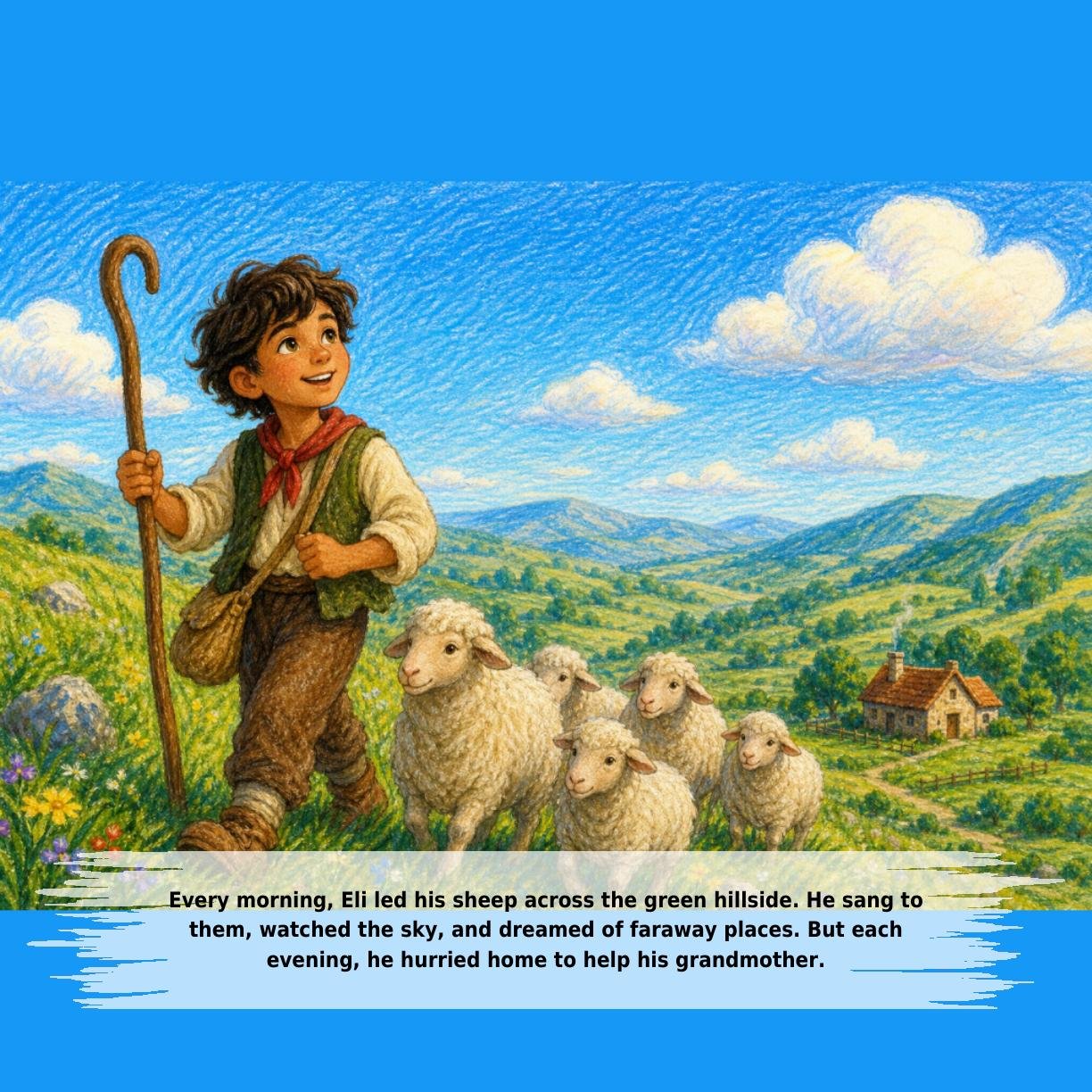 Every morning, Eli led his sheep across the green hillside. He sang to
them, watched the sky, and dreamed of faraway places. But each
evening, he hurried home to help his grandmother.