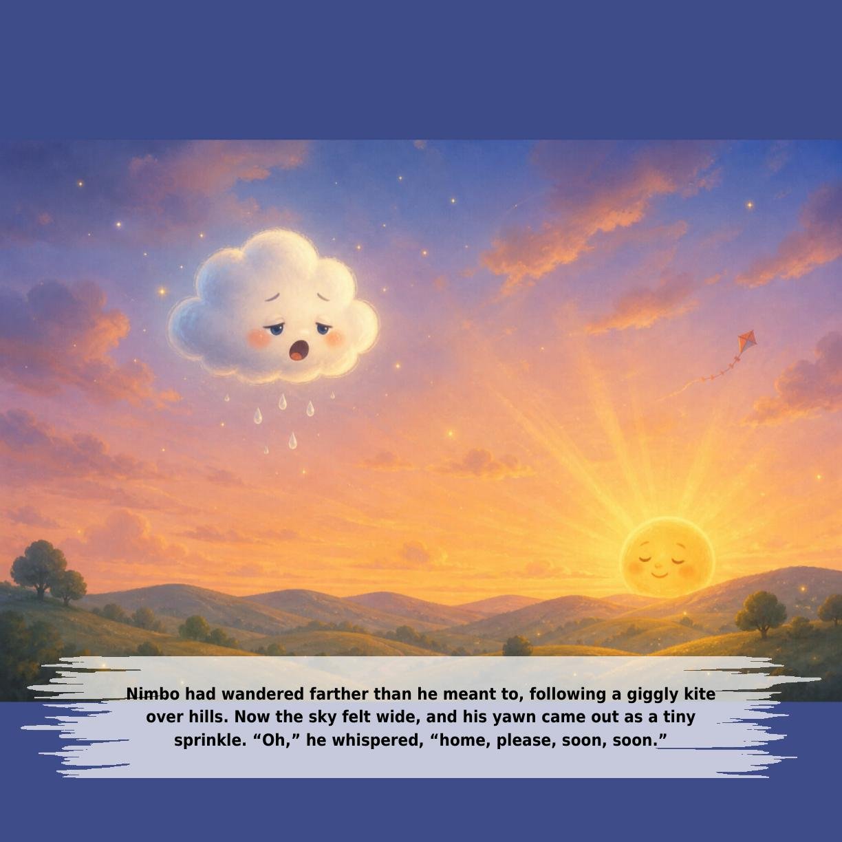Nimbo had wandered farther than he meant to, following a giggly kite
over hills. Now the sky felt wide, and his yawn came out as a tiny
sprinkle. “Oh,” he whispered, “home, please, soon, soon.”