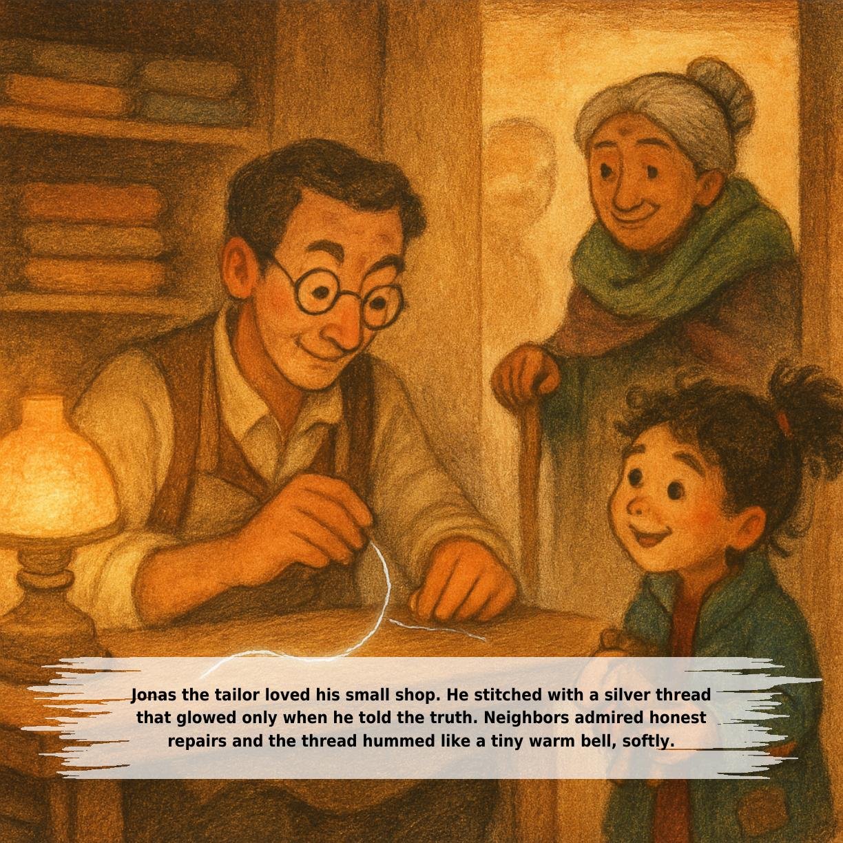 Jonas the tailor loved his small shop. He stitched with a silver thread
that glowed only when he told the truth. Neighbors admired honest
repairs and the thread hummed like a tiny warm bell, softly.