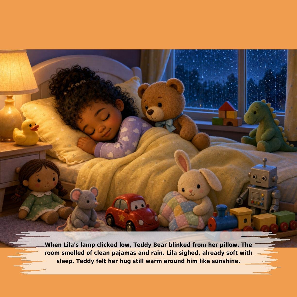 When Lila's lamp clicked low, Teddy Bear blinked from her pillow. The
room smelled of clean pajamas and rain. Lila sighed, already soft with
sleep. Teddy felt her hug still warm around him like sunshine.