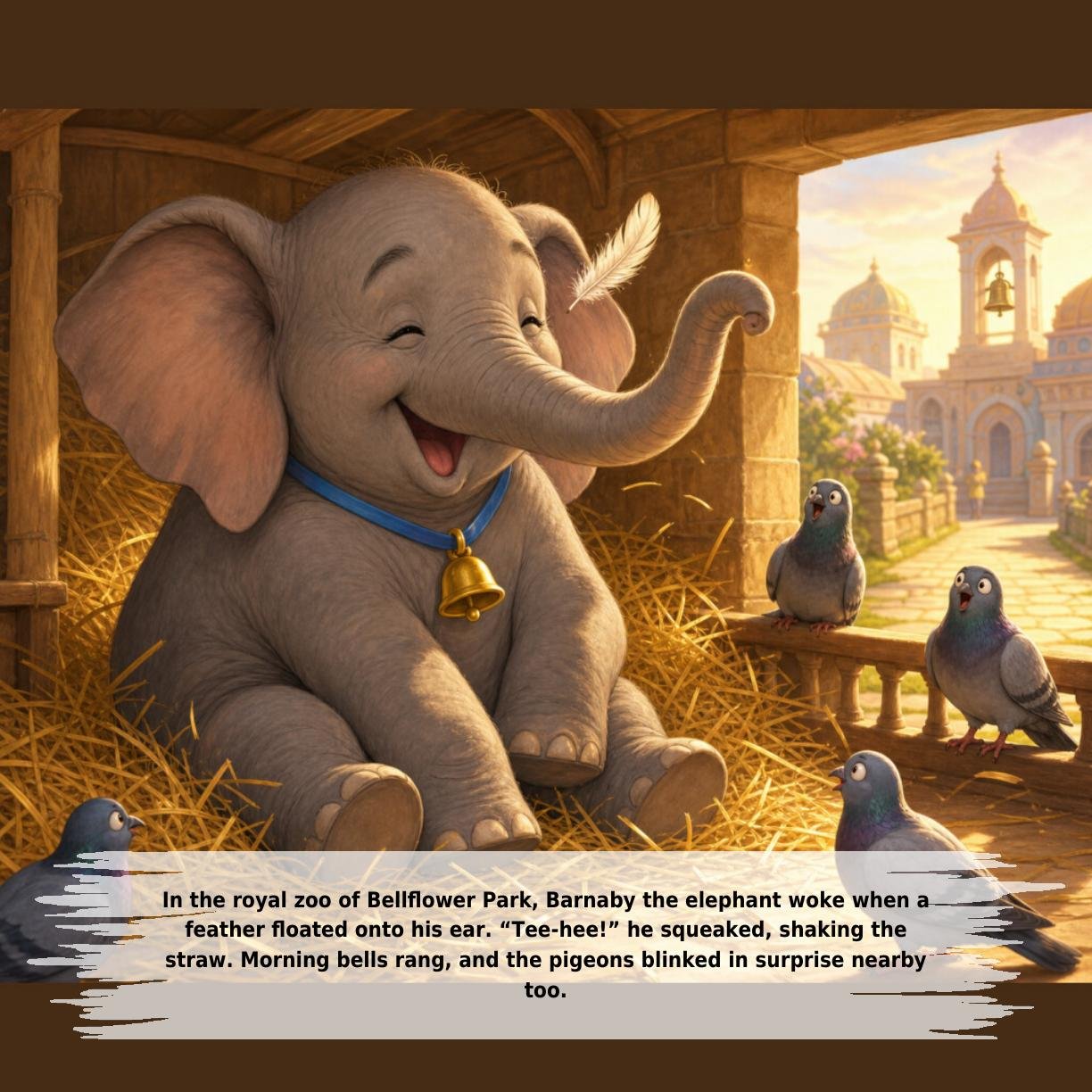 In the royal zoo of Bellflower Park, Barnaby the elephant woke when a
feather floated onto his ear. “Tee-hee!” he squeaked, shaking the
straw. Morning bells rang, and the pigeons blinked in surprise nearby
too.