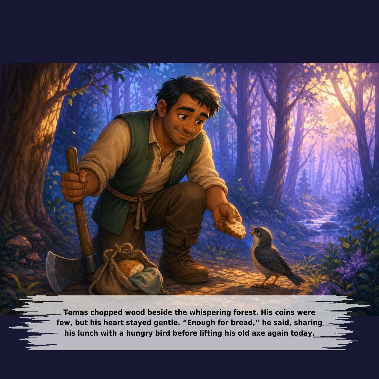 Tomas chopped wood beside the whispering forest. His coins were
few, but his heart stayed gentle. “Enough for bread,” he said, sharing
his lunch with a hungry bird before lifting his old axe again today.