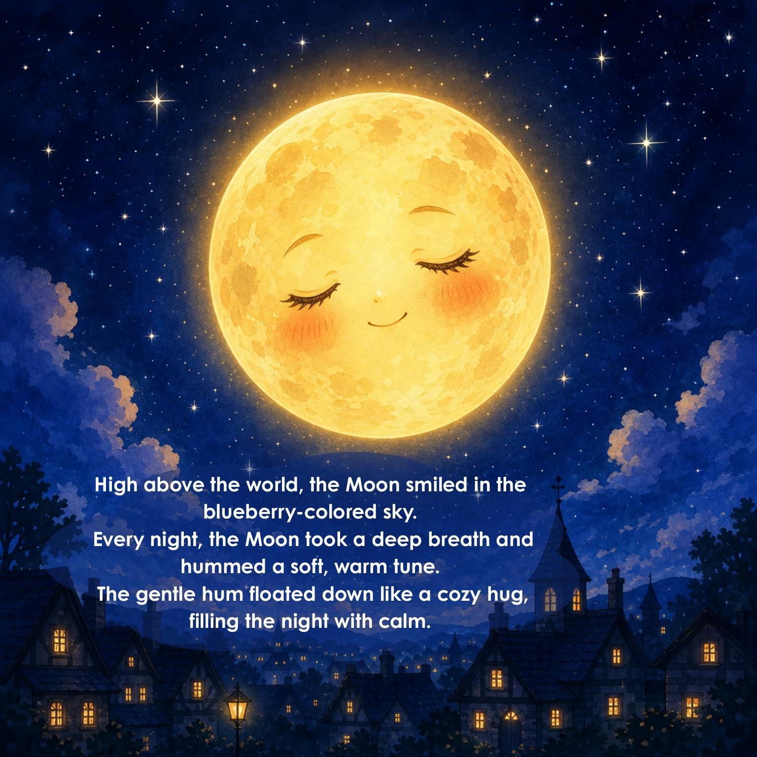 High above the world, the Moon smiled in the
blueberry-colored sky.
Every night, the Moon took a deep breath and
hummed a soft, warm tune.
The gentle hum floated down like a cozy hug,
filling the night with calm.