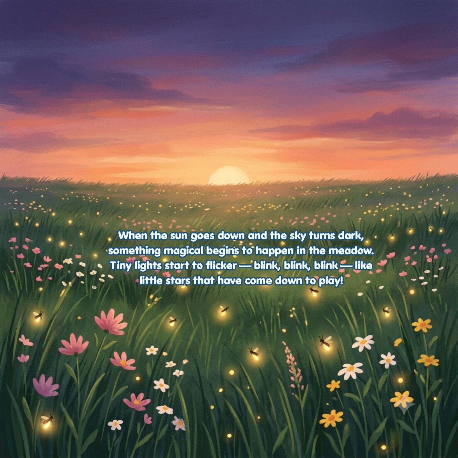 When the sun goes down and the sky turns dark,
something magical begins to hapen in the meadow.
T iny lights start to flicker — blink, blink, blink — like
litle stars that have come down to play!