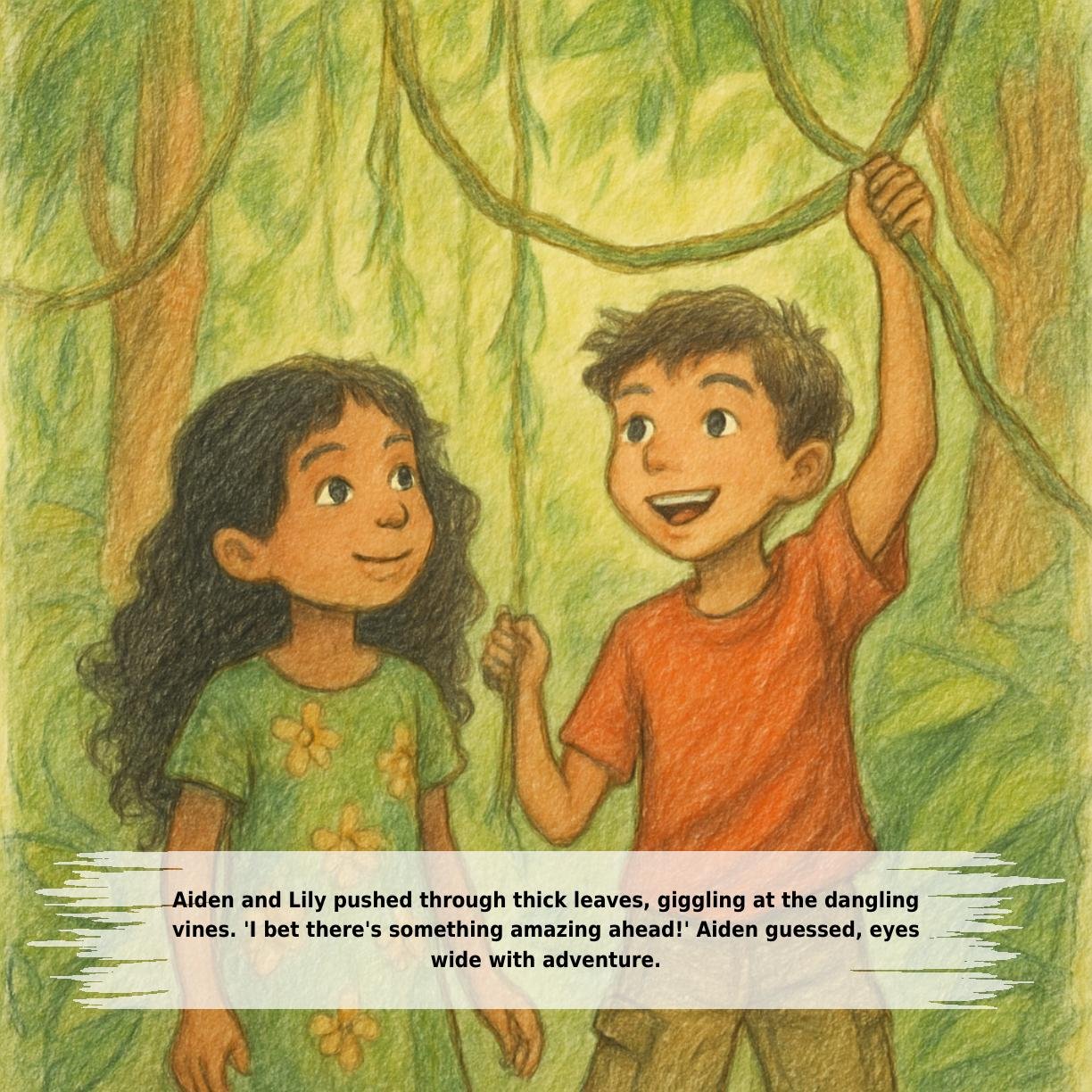Aiden and Lily pushed through thick leaves, giggling at the dangling
vines. 'I bet there's something amazing ahead!' Aiden guessed, eyes
wide with adventure.