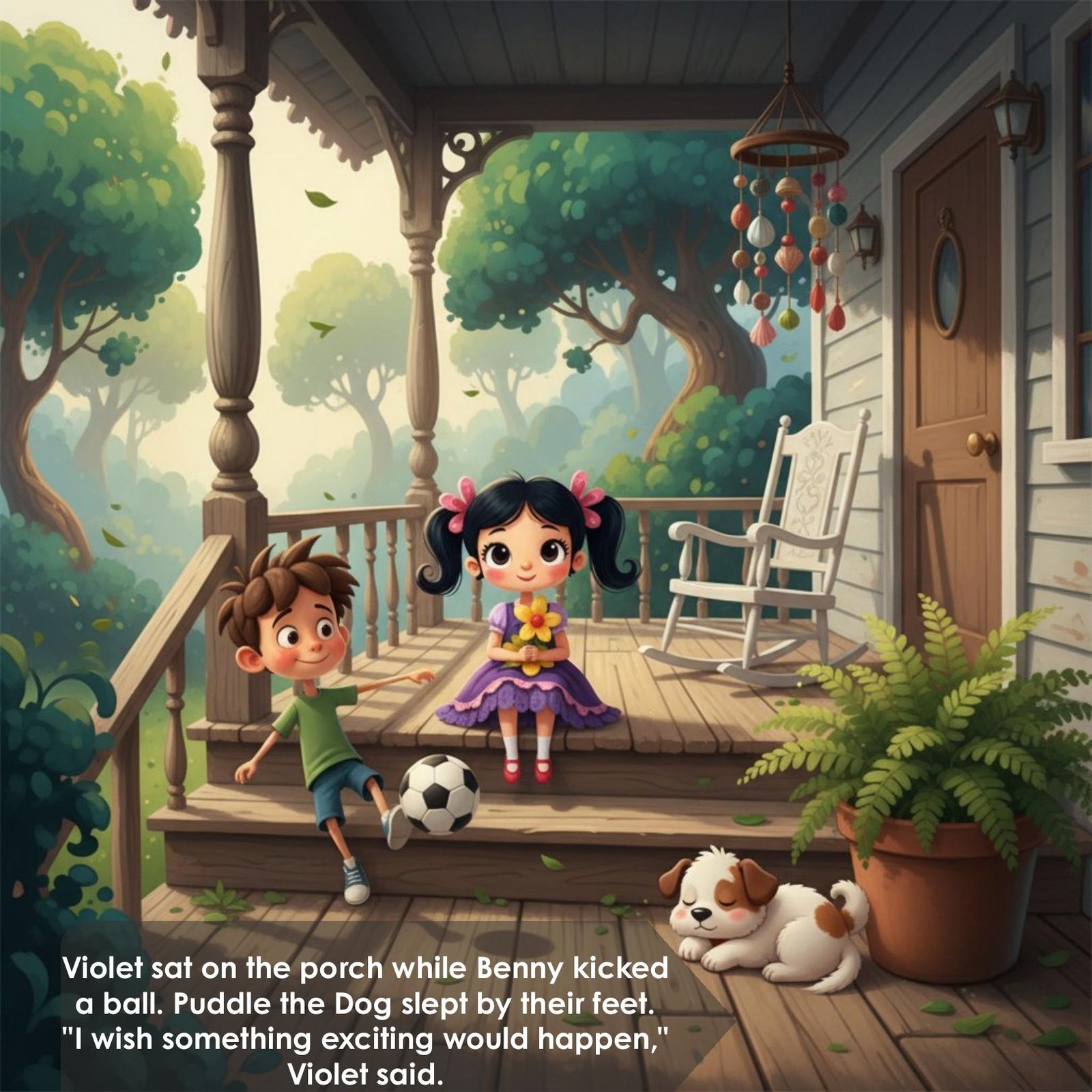 Violet sat on the porch while Benny kicked
a ball. Puddle the Dog slept by their feet.
"I wish something exciting would happen,"
Violet said.