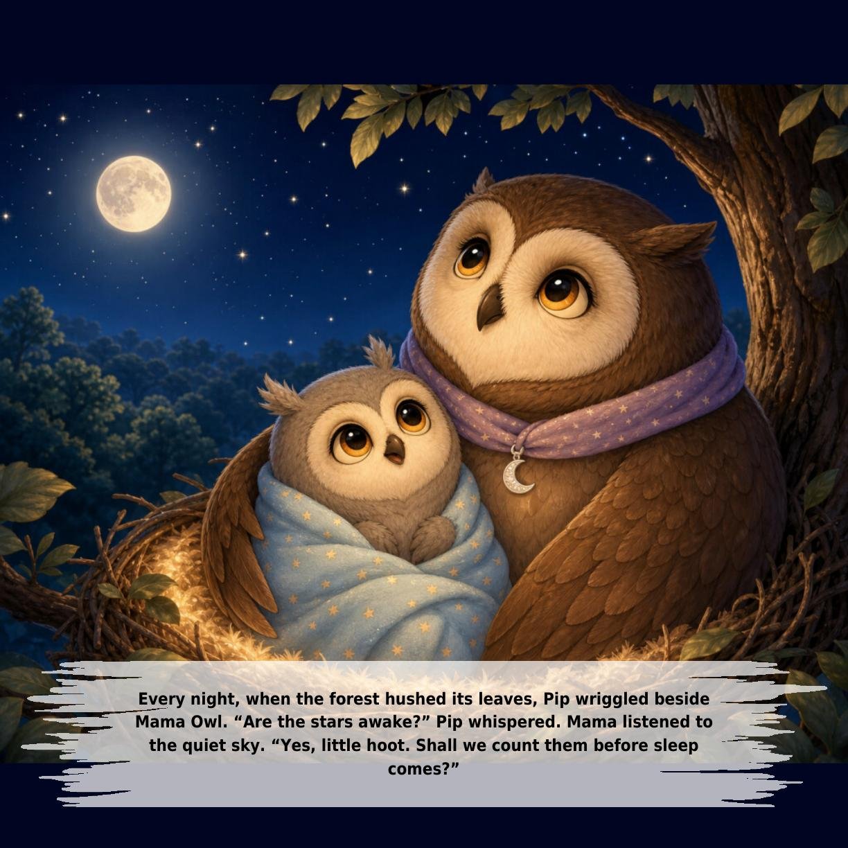 Every night, when the forest hushed its leaves, Pip wriggled beside
Mama Owl. “Are the stars awake?” Pip whispered. Mama listened to
the quiet sky. “Yes, little hoot. Shall we count them before sleep
comes?”