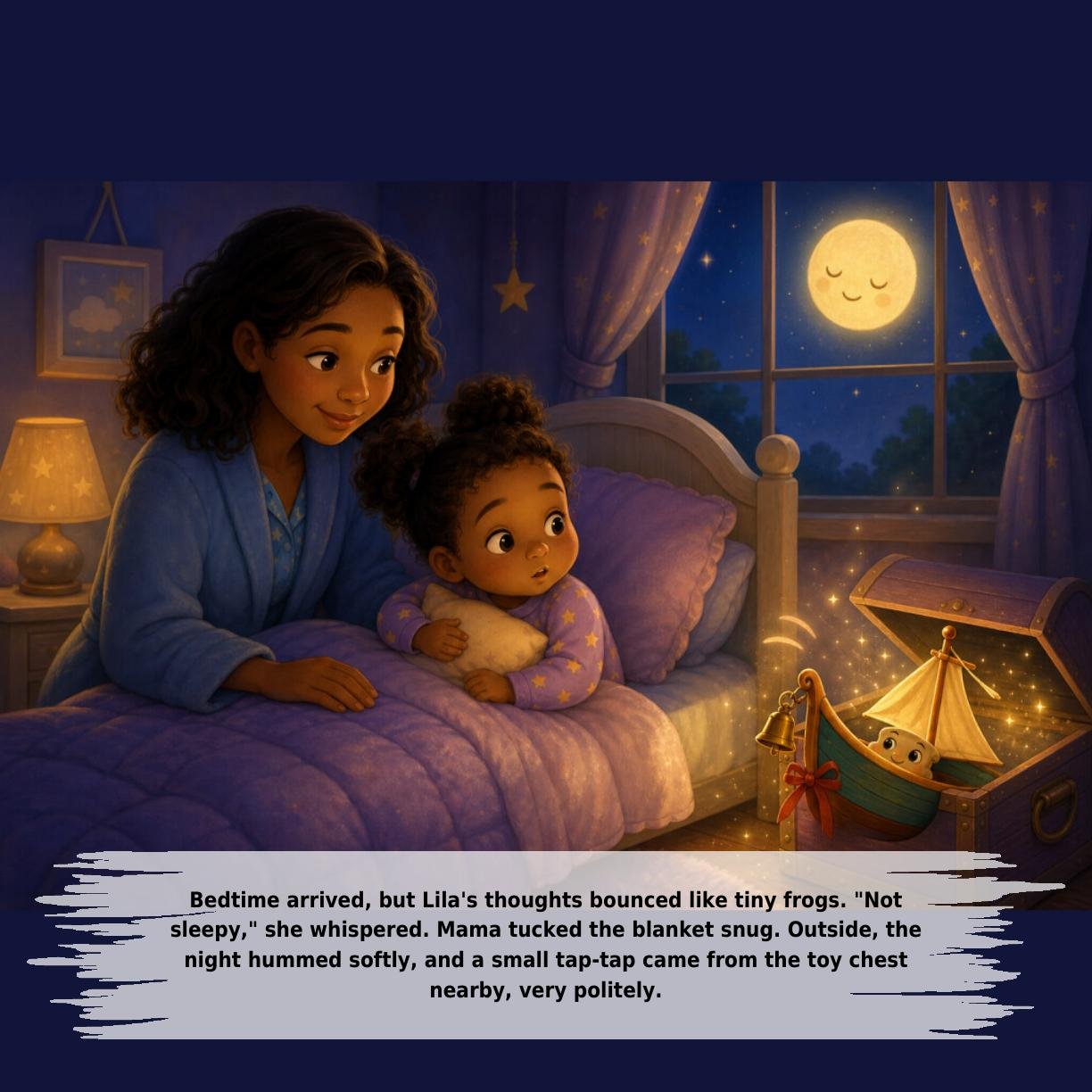 Bedtime arrived, but Lila's thoughts bounced like tiny frogs. "Not
sleepy," she whispered. Mama tucked the blanket snug. Outside, the
night hummed softly, and a small tap-tap came from the toy chest
nearby, very politely.
