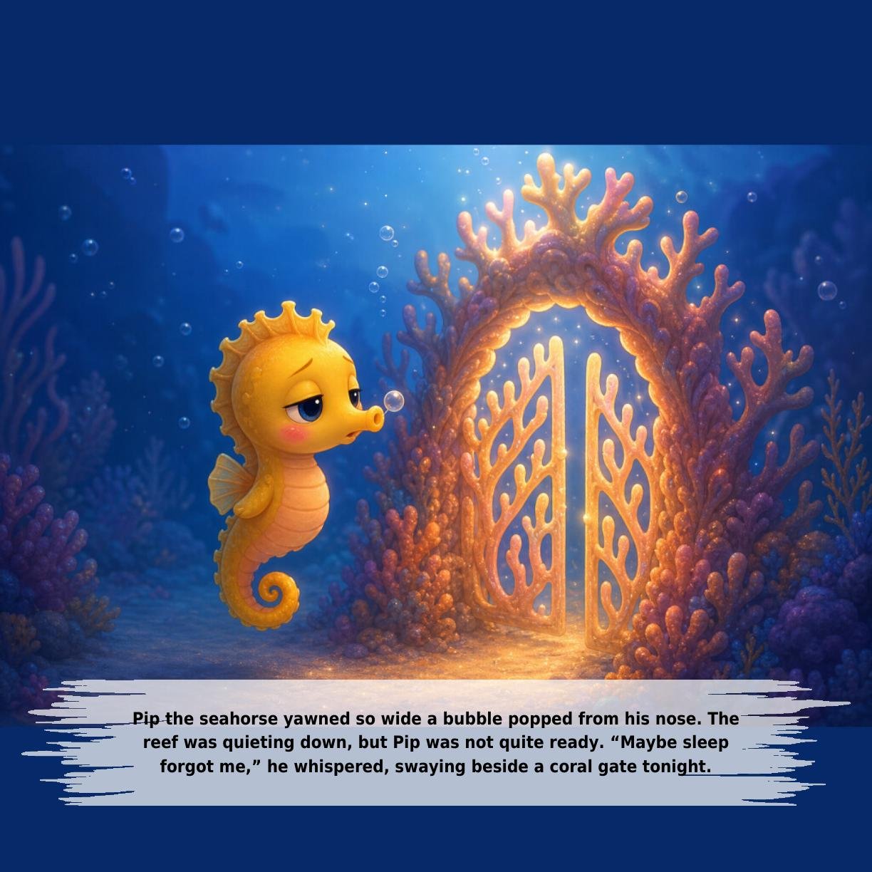 Pip the seahorse yawned so wide a bubble popped from his nose. The
reef was quieting down, but Pip was not quite ready. “Maybe sleep
forgot me,” he whispered, swaying beside a coral gate tonight.