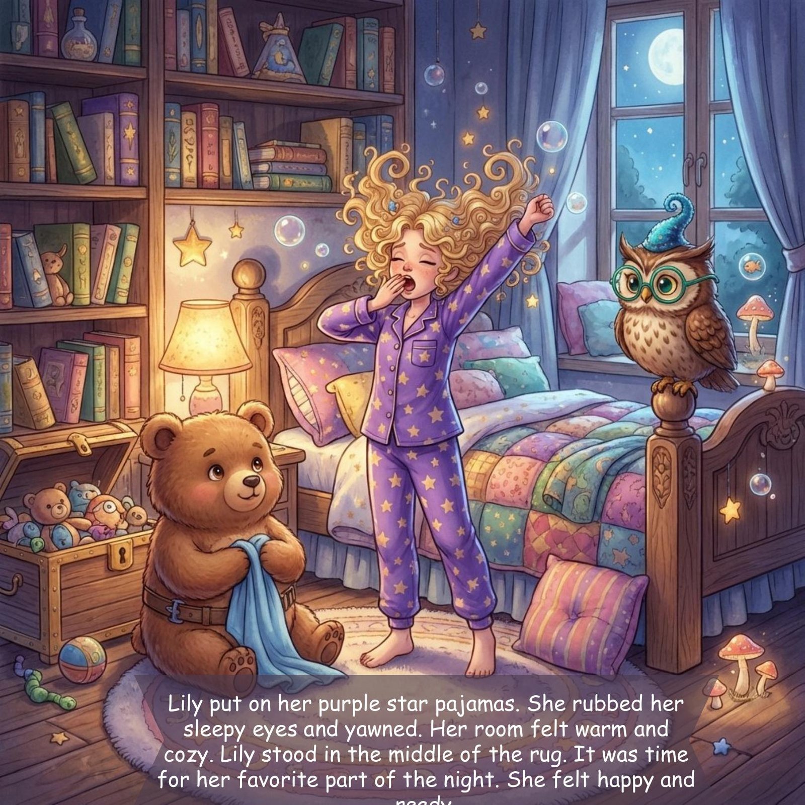 Lily put on her purple star pajamas. She rubbed her
sleepy eyes and yawned. Her room felt warm and
cozy. Lily stood in the middle of the rug. It was time
for her favorite part of the night. She felt happy and
ready