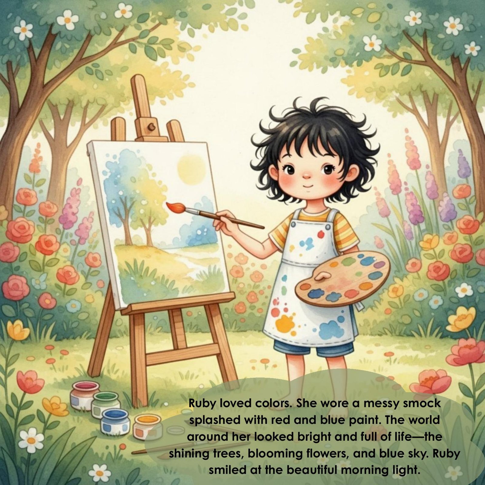 Ruby loved colors. She wore a messy smock
splashed with red and blue paint. The world
around her looked bright and full of life—the
shining trees, blooming flowers, and blue sky. Ruby
smiled at the beautiful morning light.