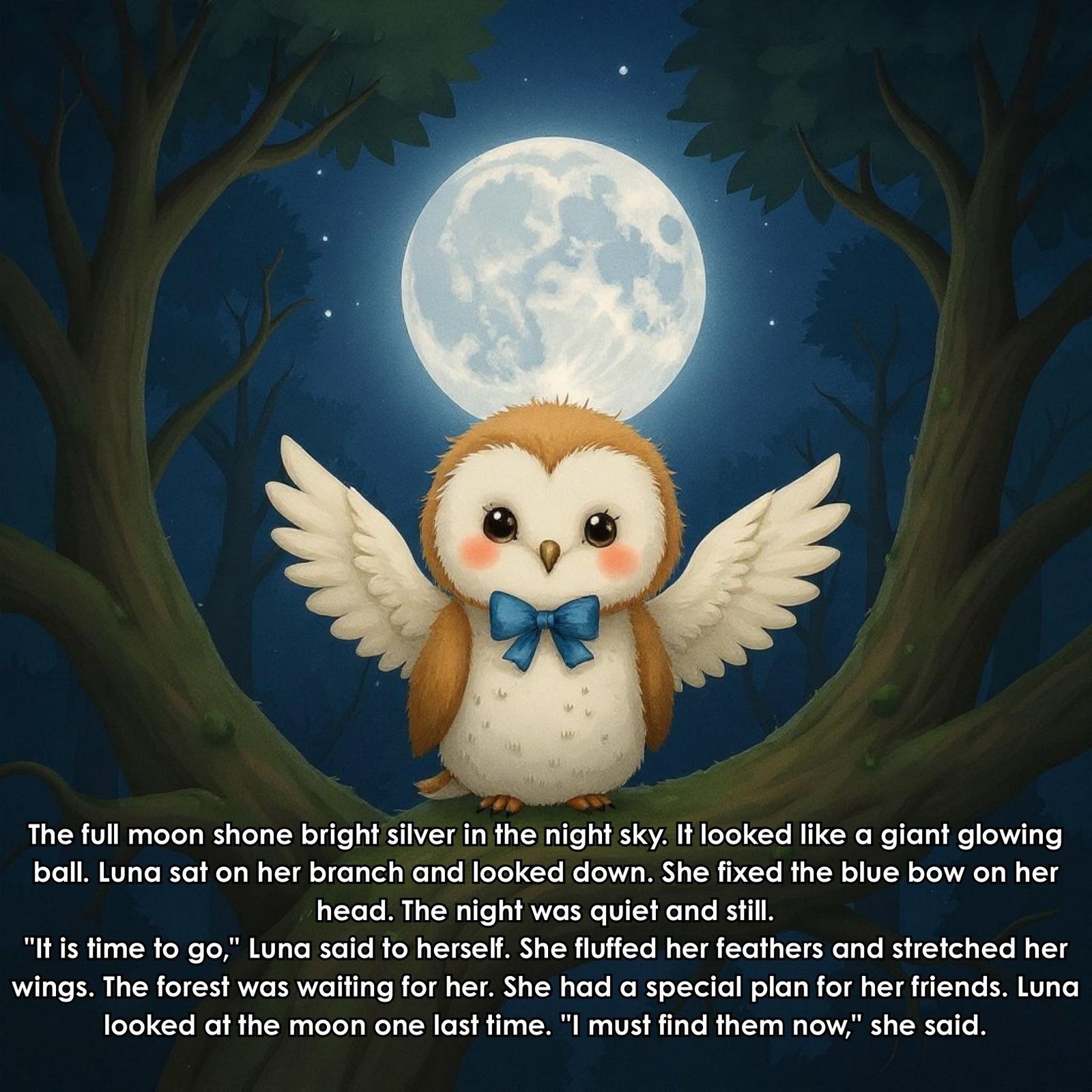 The full moon shone bright silver in the night sky. It looked like a giant glowing
ball. Luna sat on her branch and looked down. She fixed the blue bow on her
head. The night was quiet and still.
"It is time to go," Luna said to herself. She fluffed her feathers and stretched her
wings. The forest was waiting for her. She had a special plan for her friends. Luna
looked at the moon one last time. "I must find them now," she said.