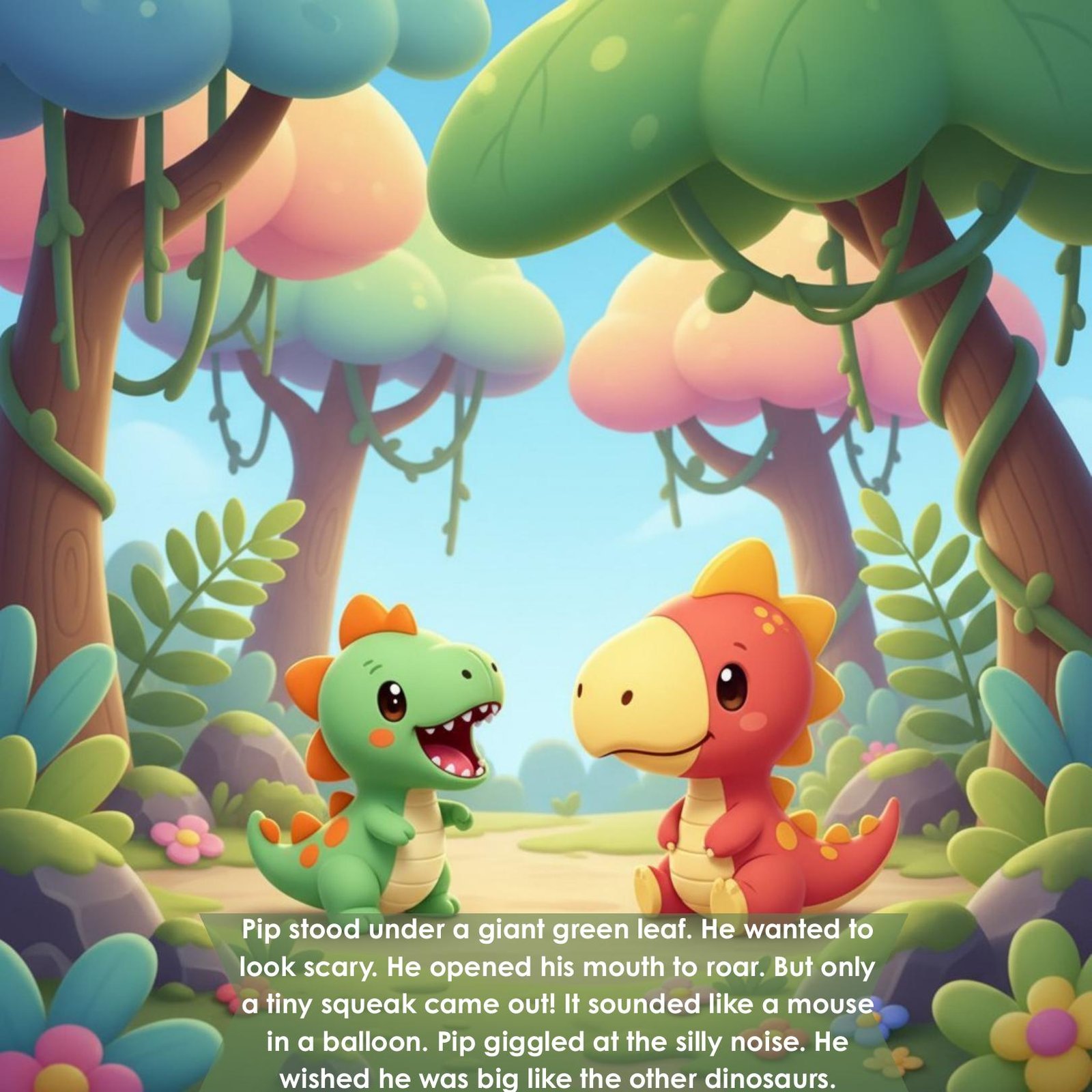 Pip stood under a giant green leaf. He wanted to
look scary. He opened his mouth to roar. But only
a tiny squeak came out! It sounded like a mouse
in a balloon. Pip giggled at the silly noise. He
wished he was big like the other dinosaurs.
